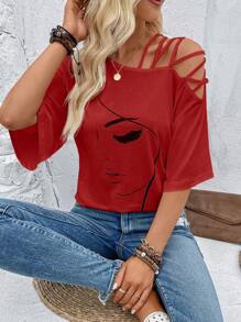 EMERY ROSE Figure Graphic Asymmetrical Neck Tee For New Year Clothes Graphic Tees Women Tops