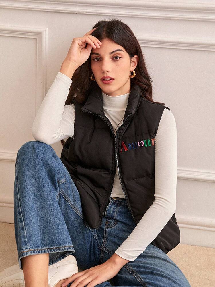 Letter Embroidery Zip Up Vest Padded Coat Winter Black