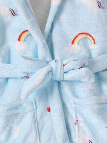 Young Girl Rainbow & Cloud Print Hooded Belted Flannel Robe - Baby Blue - View 7