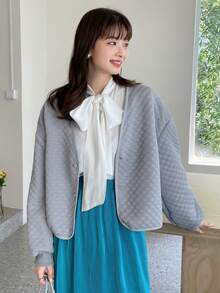 FRIFUL Solid Drop Shoulder Quilted Jacket,Fall Clothes - Dusty Blue - View 6