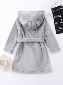 Young Boy Belted 3D Ear Design Hooded Flannel Robe - Grey - View 2