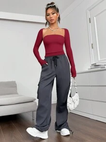 SHEIN EZwear Chất rắn Cổ vuông Top Cây trồng - Màu Đỏ Sâu - Xem 5