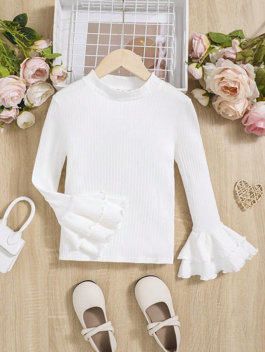 SHEIN Cô gái Tween Cổ giả Tay áo loe Áo thun - trắng - Xem 1