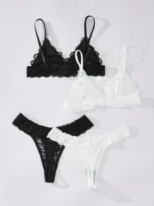 2 Packs Floral Lace Lingerie Set - Black and White - View 2