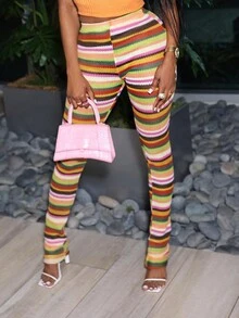 條紋印花長褲 - 棕色 - 查看 3