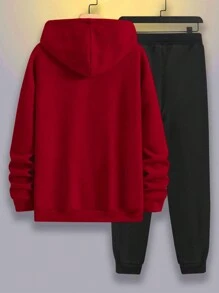 Manfinity Homme 男士格紋抽繩連帽衫和運動褲 - 紅色 - 查看 2