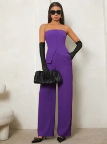 SHEIN Tall 素色前紐扣抹胸上衣和褲子 - 紫色 - 查看 4