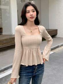 DAZY 方领荷叶边下摆 T 恤、荷叶边、返校服、娃娃装上衣、长袖女式上衣 - 杏色 - 查看 3