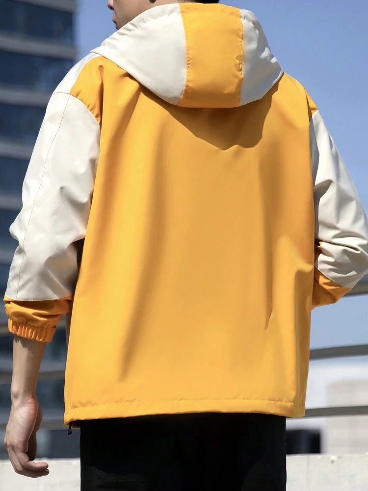 Men's Oversized Color Block Zipper Hooded Jacket