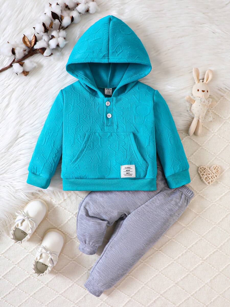 Bebé niña capucha con bolsillo de canguro con parche de letra con pantalones deportivos - Azul Cadete - Ver 1