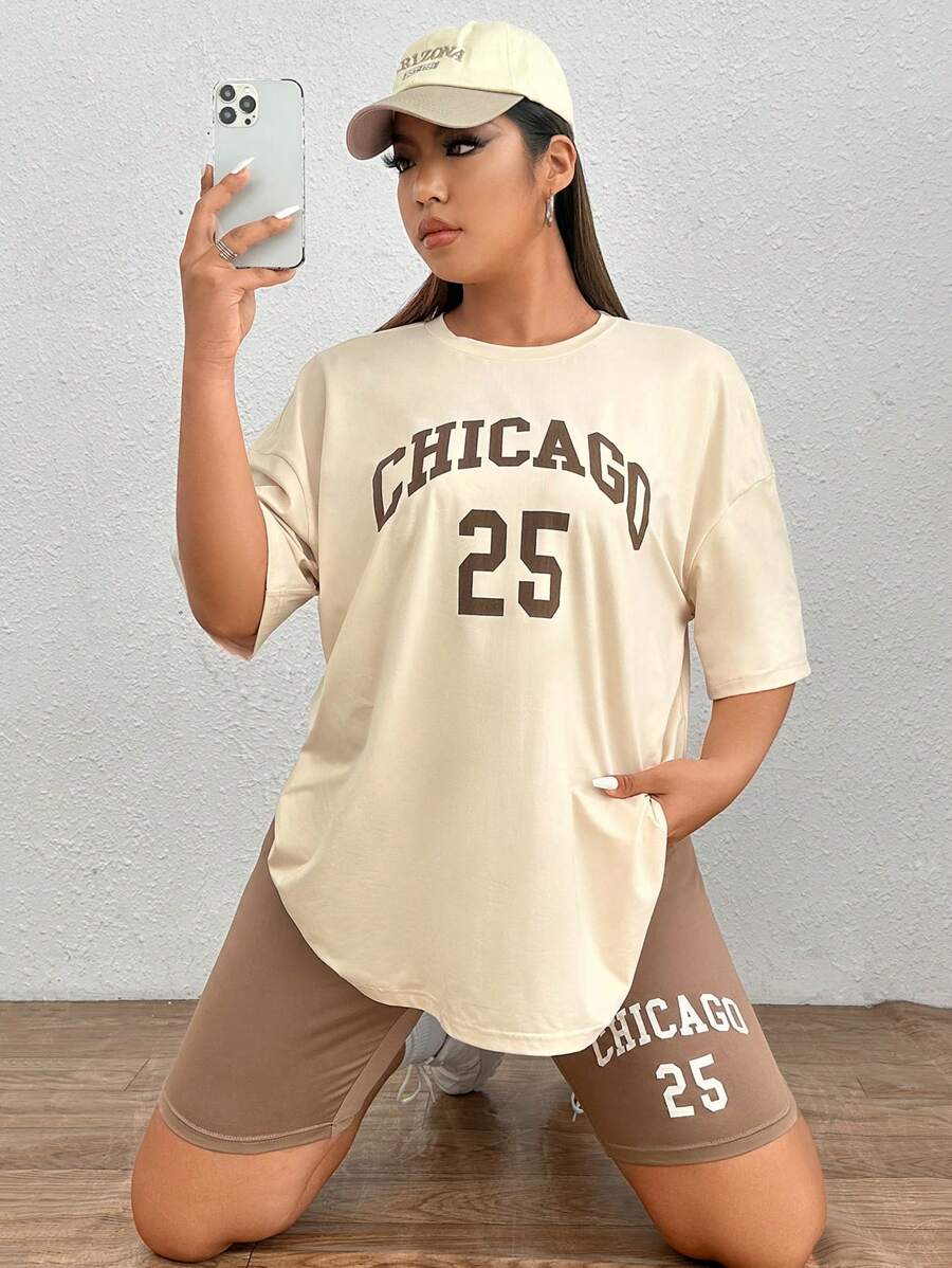 SHEIN EZwear 大碼字母圖案落肩T恤&騎行褲 - 彩色 - 查看 1