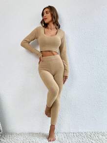 SHEIN LUNE Solid Crop Sweater & Knit Pants Fall Winter Cloth For Women - Khaki - View 6