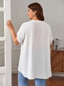 SHEIN Frenchy 大碼蕾絲拼接捲邊袖前紐扣襯衫 - 白色 - 查看 2