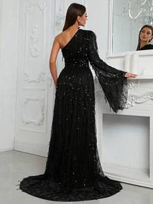 YISIKADO Asymmetrical Neck Split Thigh Sequin Formal Dress Black Elegant Long Sleeve Prom Evening Wedding Guest Gown, For Graduation, Dinner Party Dress - màu đen - Xem 2