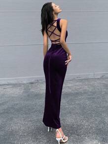 Chiquease Đầm Lộ Lưng Ren lên màu trơn Gợi cảm - Màu tím - Xem 2