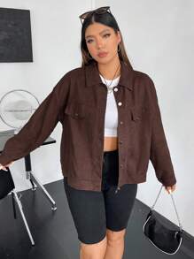 Flirla 大碼落肩袖翻蓋細節燈芯絨夾克 - 咖啡棕 - 查看 3