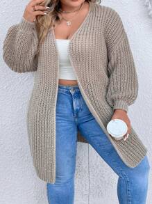 SHEIN CURVE+ 大碼落肩袖開襟開衫 - 卡其色 - 查看 9