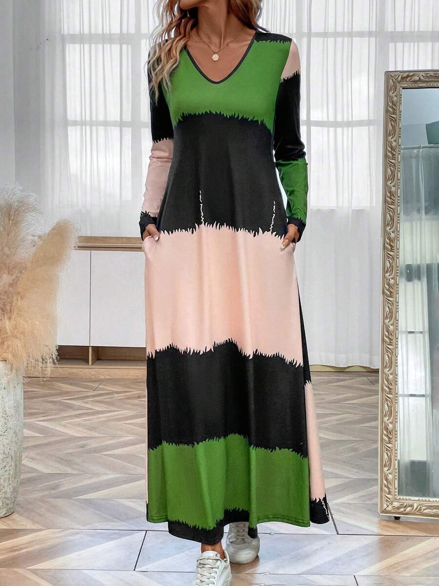 SHEIN LUNE Color Block Hidden Pocket Dress - Black - View 1