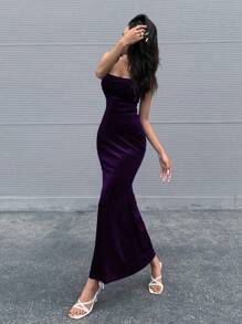 Chiquease Đầm Lộ Lưng Ren lên màu trơn Gợi cảm - Màu tím - Xem 1