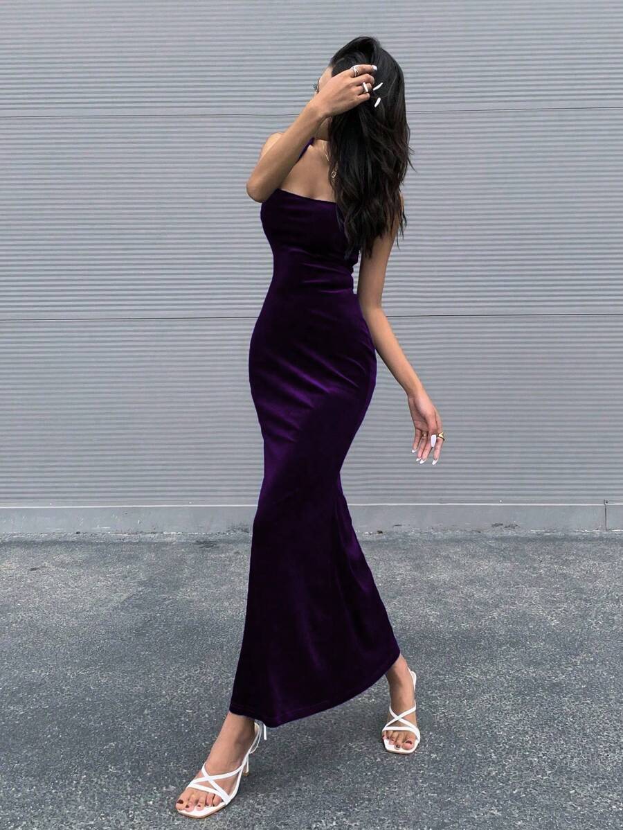 Chiquease Đầm Lộ Lưng Ren lên màu trơn Gợi cảm - Màu tím - Xem 1