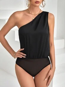 SHEIN Privé One Shoulder Solid Black Bodysuit - Black - View 3
