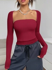 SHEIN EZwear Chất rắn Cổ vuông Top Cây trồng - Màu Đỏ Sâu - Xem 1