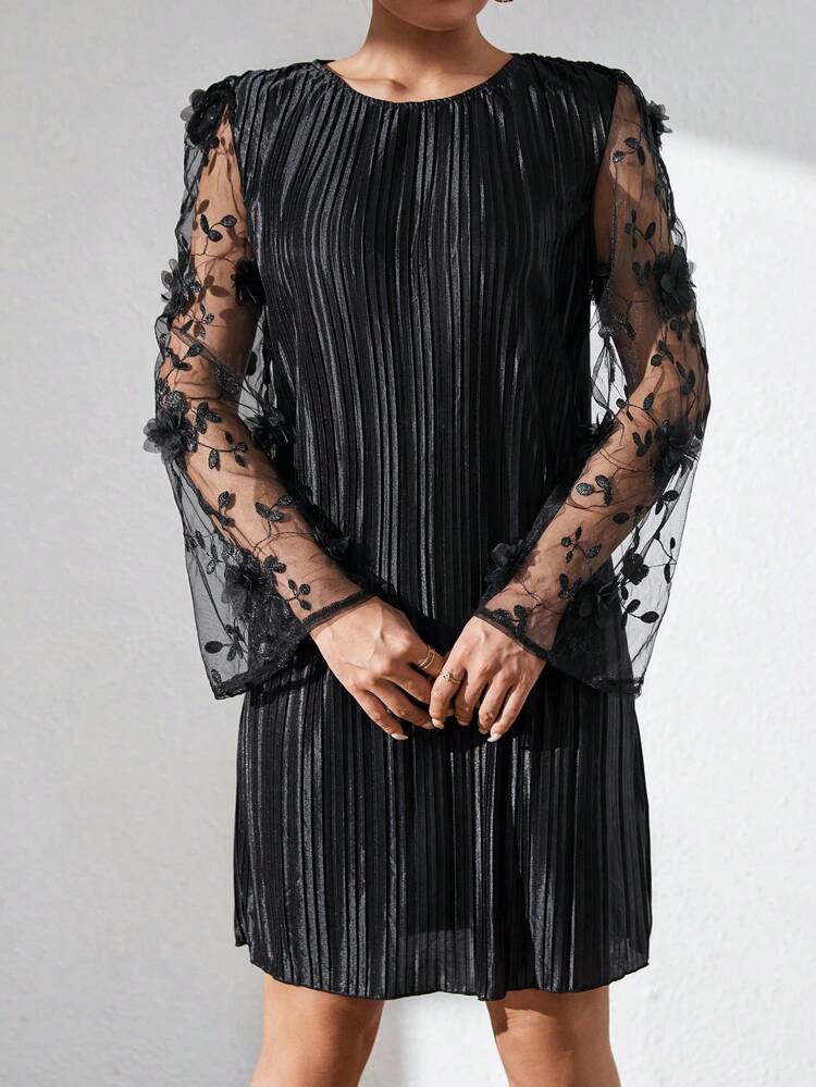 Contrast Mesh Appliques Flounce Sleeve Dress