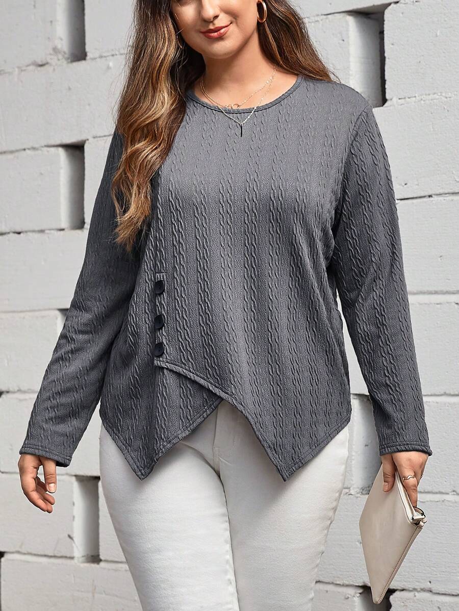 SHEIN LUNE Hơn Chất rắn Viền không đối xứng Áo thun - Màu xám đen - Xem 1