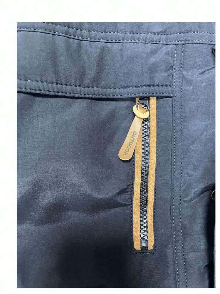 Men Letter Patched Zip Up Thermal Hooded Coat - Black - View 4