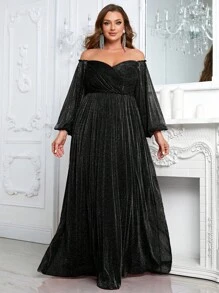 YISIKADO 大码女式露肩亮片正式晚礼服舞会礼服长袖闪亮礼服优雅长裙婚礼宾客毕业宴会晚宴 - 黑色 - 查看 5