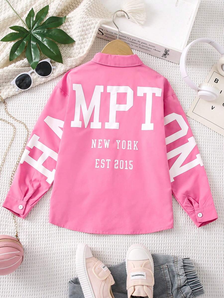 Tween Girl Pink Casual Back Big Letter Printed Shirt - Pink - View 1