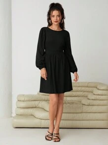 SHEIN Essnce Chất rắn Tay áo lồng đèn Váy chữ A - màu đen - Xem 5