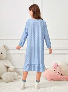 Tween Girl Polka Dot And Rabbit Print Ruffle Hem Nightdress Holiday Travel Releax Summer Clothes - Baby Blue - View 2