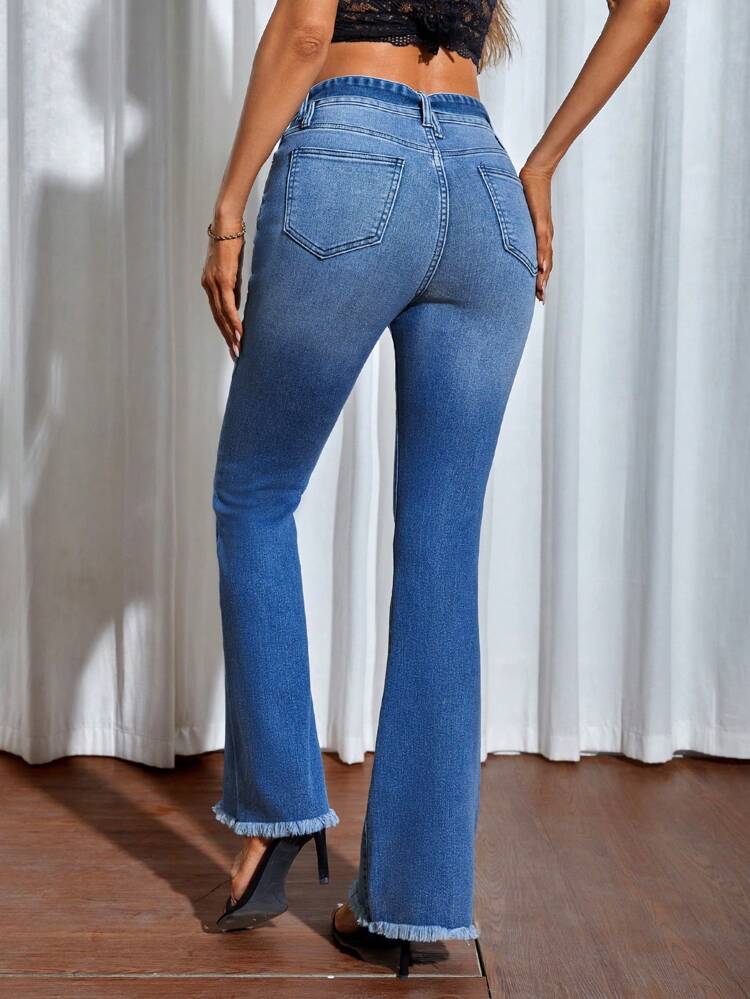 Raw Hem Belted Flare Leg Jeans