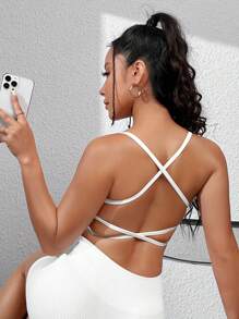 SHEIN Sports Solid Crisscross Backless Crop Sports Bra - White - View 4
