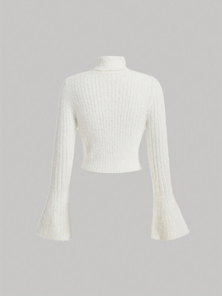 Solid Turtleneck Fluffy Knit Sweater