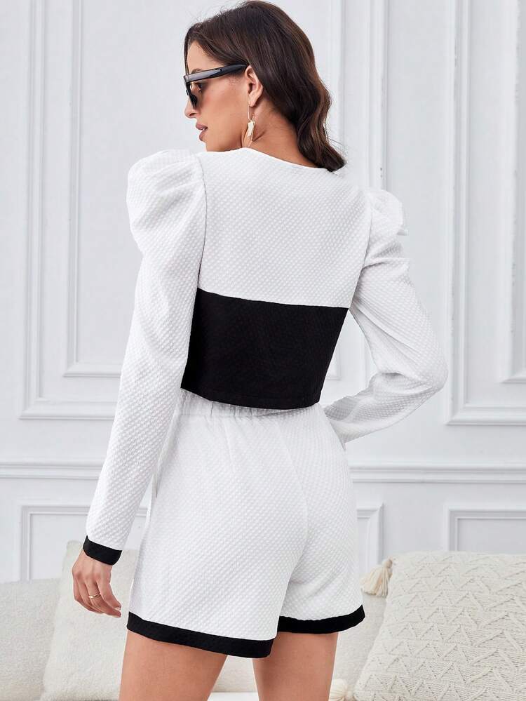 Two Tone Gigot Sleeve Crop Jacket & Shorts