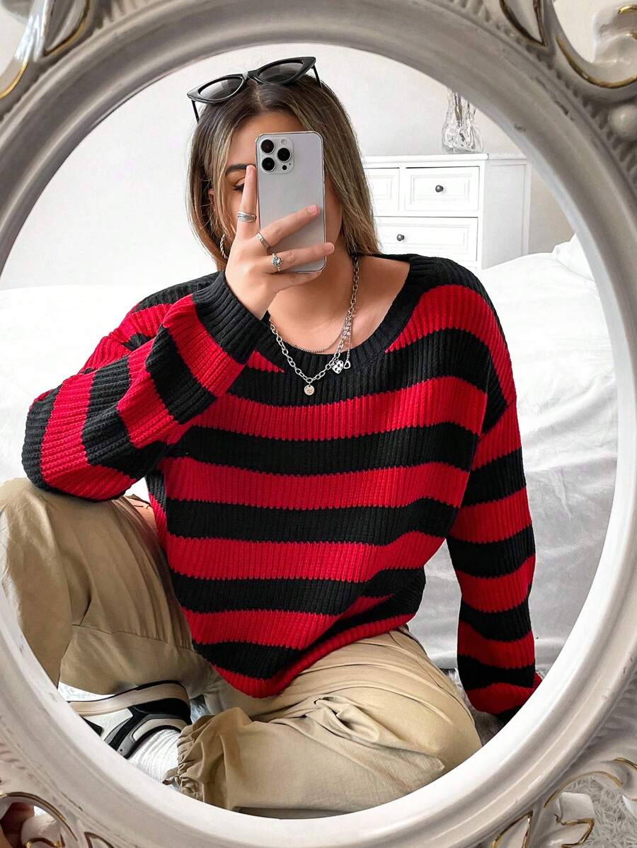 Flirla 大碼條紋圖案落肩袖套頭毛衣 - 彩色 - 查看 1