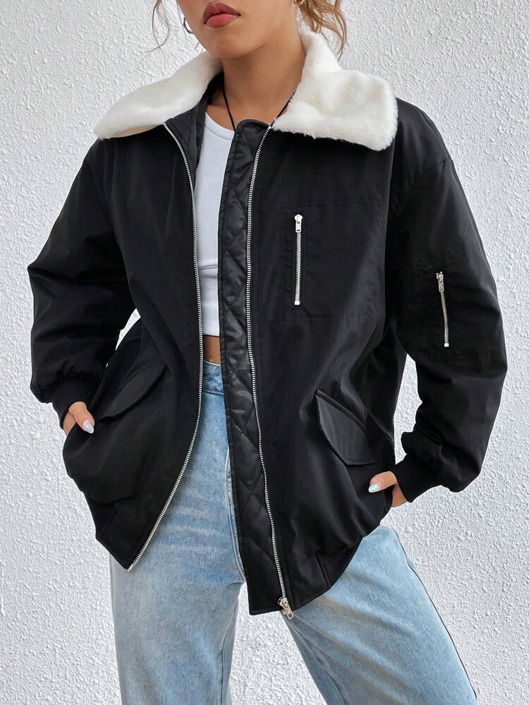 Borg Collar Flap Pocket Drop Shoulder Zipper Front Padded Coat