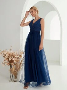 Contrast Sequin Mesh Bridesmaid Dress - Royal Blue - View 4
