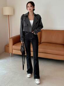 DAZY Epaulettes Design Raglan Sleeve Trench Coat Women Jacket,Fall Women Clothes - Dark Grey - View 5