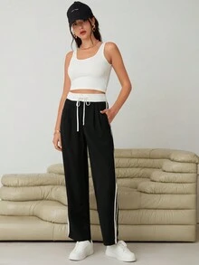 SHEIN Essnce Tương phản Đường may bên Eo dây rút Quần - màu đen - Xem 5