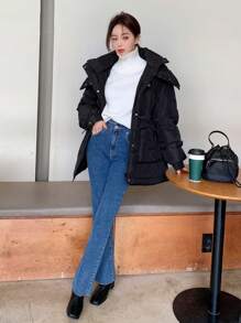 DAZY Letter Graphic Drawstring Waist Hooded Puffer Thick Pockets Coat - Black - View 7