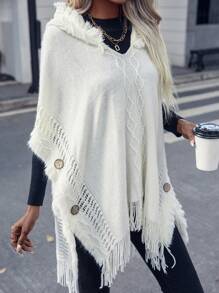 SHEIN Unity Poncho con diseño de botón ribete con fleco con capucha tejido - Beis - Ver 7
