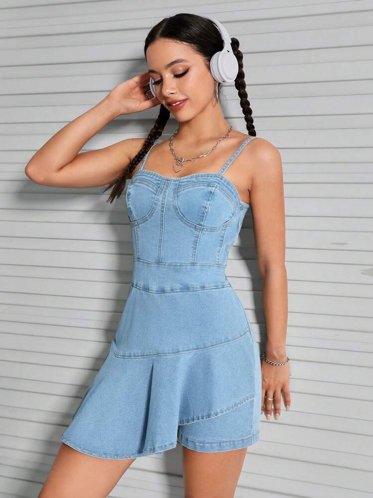 Zip Back Denim Cami Romper