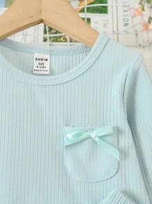 Baby Girl Lettuce Trim Bow Front PJ Set - Blue - View 6