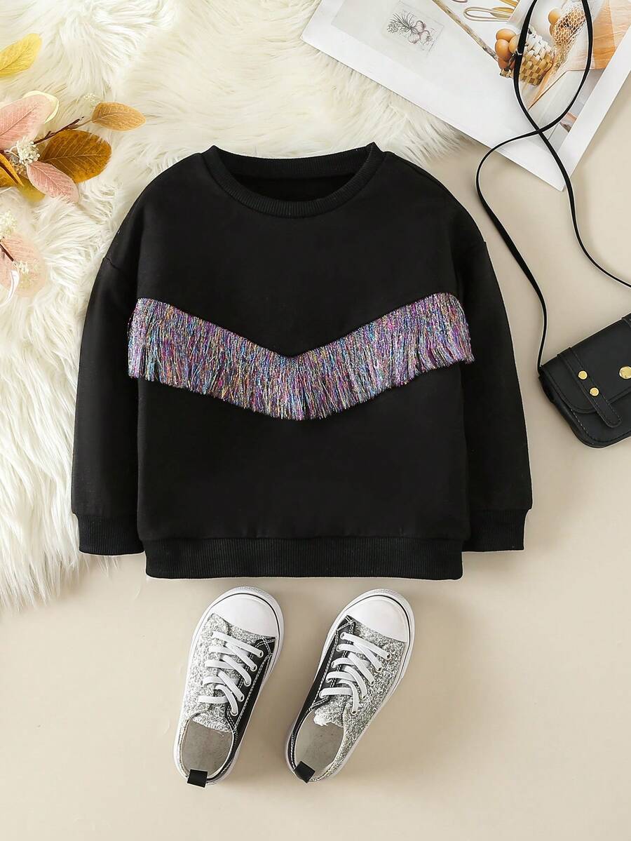 SHEIN Young Girl Fringe Trim Drop Shoulder Sweatshirt - Black - View 1