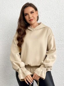Celure Plus Flare Sleeve Ruffle Hem Hoodie Graduation,Back To School Outfits,Graduation,Teacher Outfits For Women,Back To School Pullover Fall Outfit