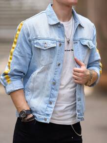 Manfinity Homme Men Flap Pocket Contrast Side Seam Denim Jacket - Light Wash - View 7