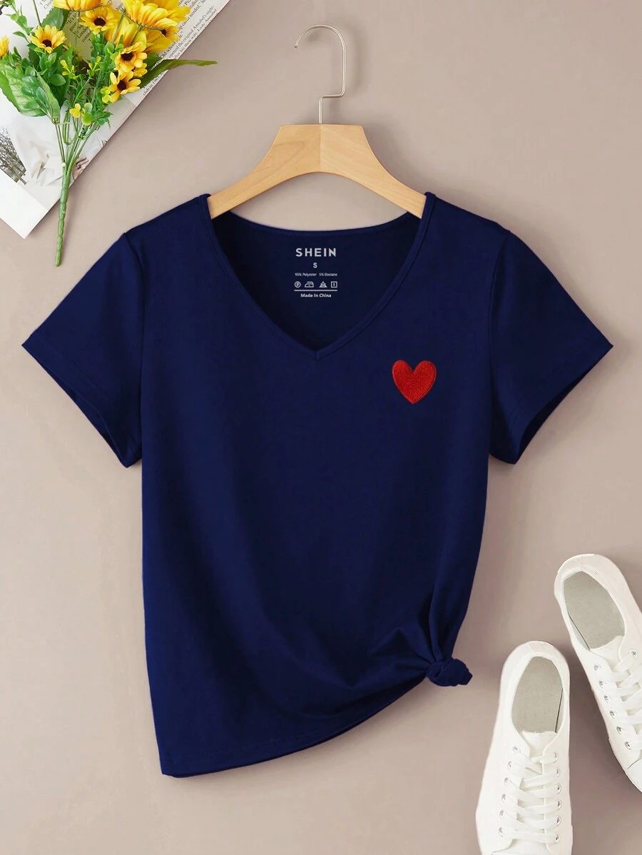 INAWLY Heart Embroidery Tee Graphic Tees Women Tops - Navy Blue - View 1
